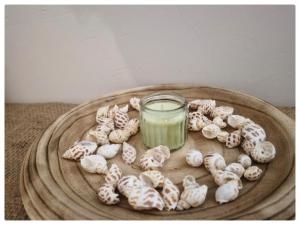 a wooden plate with a jar of green liquid and shells at סיאסטה בעמק - יחידות אירוח בקיבוץ  +12 photos