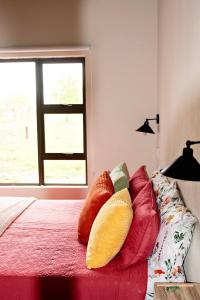 a bedroom with a bed with colorful pillows on it at Pecan and Lime Inn The Third Den in Pretoria