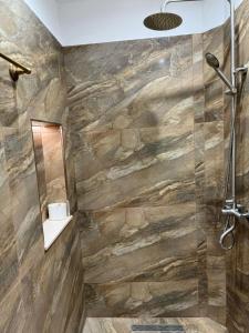 un baño con una pared de piedra en Hotel Drasa, en Gjirokastra