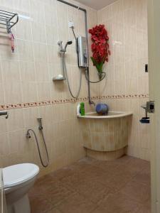 a bathroom with a shower with a toilet and a sink at Taman Gerik Homestay in Gerik