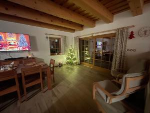 a living room with a christmas tree and a television at Chalupa Pecivál Lipno in Lipno nad Vltavou