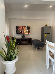 a living room with a plant in a white vase at The Penthouse Suite in Pusok