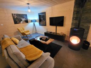 a living room with a couch and a wood stove at Le Chalet de l'Ancerf in Faucompierre