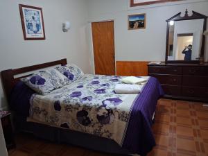 une chambre avec un lit, une commode et un miroir dans l'établissement Homestay Iquique, à Iquique