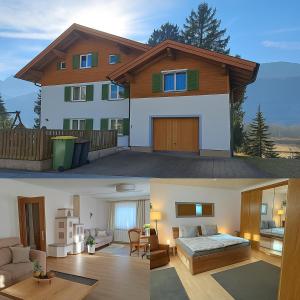 deux photos d'une maison et un salon dans l'établissement Ferienwohnung Lisi - für Durchreise, Skifahrer, Wanderungen, Besichtigungen, Radfahrer, Familien, Paare, à Kuchl