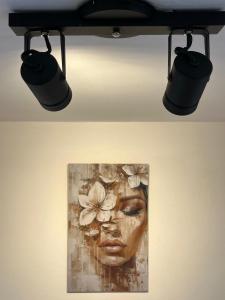 a light hanging from a ceiling with a picture at Almablanca in San Antonio de Areco