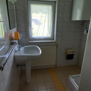 Un baño con lavabo y ventana. en Haus Zink, en Pichl bei Aussee