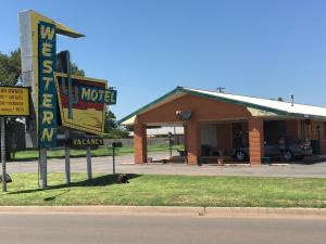 a motel with a cat laying on the grass in front at Western Motel in Sayre