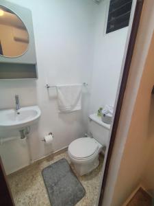 a small bathroom with a toilet and a sink at La Guarida de Mela in Santo Domingo