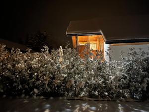 a pile of white flowers in front of a house at Laki house in Jasień