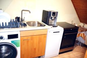 eine Küche mit Spüle und Waschmaschine in der Unterkunft Holiday Rhein5 in Boppard