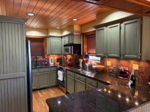 a kitchen with gray cabinets and a black counter top at Red Top Tree House in Highlands