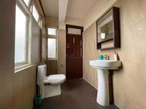 ein Badezimmer mit Toilette, Waschbecken und Spiegel in der Unterkunft Daphne House in Darjeeling + 14 Fotos