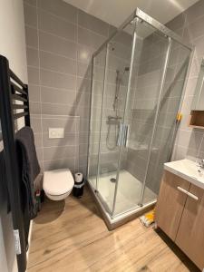 Un baño con ducha de cristal con inodoro. en Brest Centre Studio, en Brest