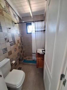a small bathroom with a toilet and a shower at Duplex Frente mar in Playa Dorada +41 photos