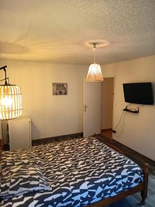 LassignyGrande Chambre Cosy avec Salle de Bain Privative的一间卧室，里面有一张床和一台平板电视