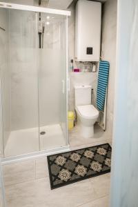 ein Bad mit einer Dusche, einem WC und einem Teppich in der Unterkunft Maison game in Villeneuve-sous-Dammartin