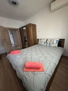 a bedroom with a large bed with two towels on it at Guest House Tanevi in Devin