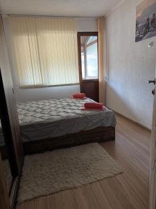a small bedroom with a bed with a window at Guest House Tanevi in Devin