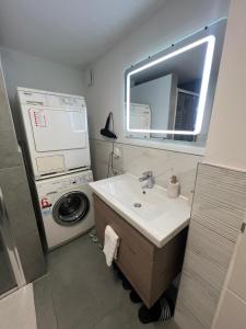uma casa de banho com um lavatório e uma máquina de lavar e secar roupa em Wohnung em Metzingen mais 4 fotografias