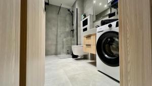 une salle de bains avec lave-linge et toilettes dans l'établissement Black Lotus 4 I City Centre I Free Parking l 24hr Access, à Banská Bystrica
