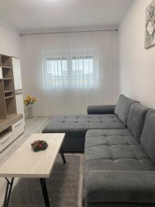 una sala de estar con un sofá y una mesa en Two modern apartments, en Sibiu