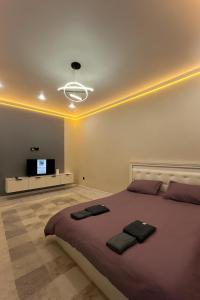 Квартира في Taldykolʼ: غرفة نوم بها سرير كبير وتلفزيون بشاشة مسطحة