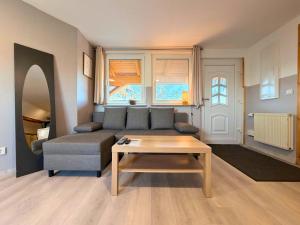 a living room with a couch and a coffee table at Gasthaus Bomsdorf - ruhige Lage, free WLAN & Parken, Self Check-In, Smart-TV in Bomsdorf