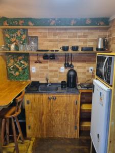 Una pequeña cocina con fregadero y microondas. en Casa Conteiner, en Barra da Lagoa