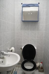 ein Badezimmer mit einer schwarzen Toilette und einem Waschbecken in der Unterkunft Grand famille appartement proche Disneyland max 9 personnes in La Celle-sous-Gouzon