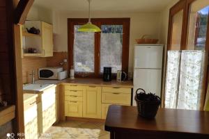una cucina con armadi gialli e frigorifero bianco di Chalet des ORCHIDÉES en Chartreuse a Entremont-le-Vieux