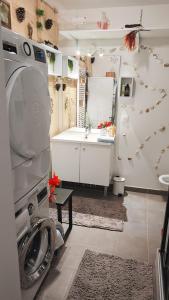 een badkamer met een wasmachine en een wastafel bij Anton's Home in LʼHay-les-Roses +11 foto's