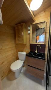 une petite salle de bain avec toilettes et lavabo dans l'établissement Chalet avec salle d'eau, à Chavagne
