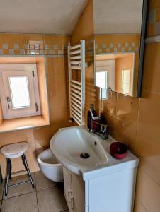 a bathroom with a sink and a toilet and a mirror at L'angolino di Ale in Sulmona