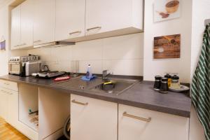 a kitchen with white cabinets and a sink at Nest76 in Karlsruhe