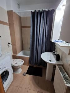 a bathroom with a toilet and a sink and a washing machine at Endless blue apartment kassandra in Nea Fokea +29 photos