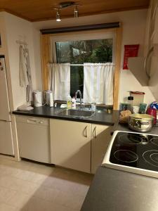 une cuisine avec un évier, une cuisinière et une fenêtre dans l'établissement Midbrekkan Guesthouse, à Tvøroyri