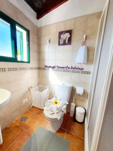 a bathroom with a toilet with a flower on it at Rinconcito Rural con encanto en Las Hayas by Vapagó Tenerife in Acardece