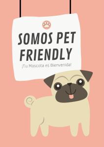 a cute pug dog holding a sign that says someone pet friendly at Hotel Hawai in Villa Carlos Paz