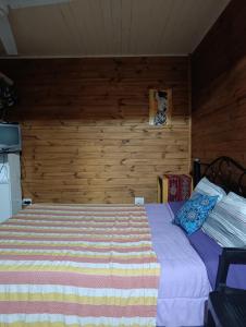 Arroyo de Los PatosCabañita hacia las cumbres的卧室里有一张床，墙是木的