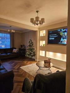 a living room with a christmas tree and a television at Harding Haven in Derry Londonderry