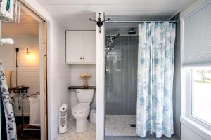 un baño con inodoro y ducha en Marysol Cottage, en Edisto Beach 12 fotos más