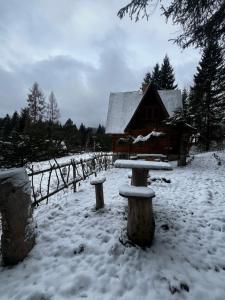 een met sneeuw bedekte tuin met een bankje en een hutje bij RETRO CHATA Kubínska in Dolný Kubín +19 foto's