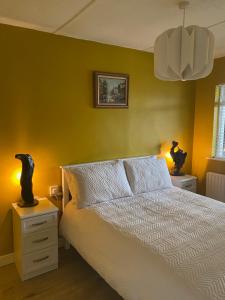 米尔敦马尔贝Station House Accommodation的卧室配有白色床和黄色墙壁