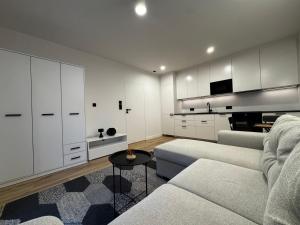 sala de estar con armarios blancos y sofá en Apartamenty Forestlive, en Międzychód