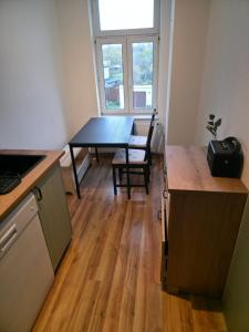 une cuisine avec une table et une salle à manger dans l'établissement Ferienwohnung Neukieritzsch, à Neukieritzsch 3 autres photos