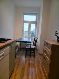 une cuisine avec une table et des chaises et une fenêtre dans l'établissement Ferienwohnung Neukieritzsch, à Neukieritzsch