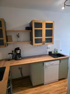 une cuisine avec des armoires en bois et un comptoir dans l'établissement Ferienwohnung Neukieritzsch, à Neukieritzsch