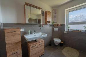 a bathroom with a sink and a toilet at Ammersee-Nest Dießen in Dießen am Ammersee +20 photos