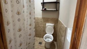 Casa solo familias في مار ديل بلاتا: حمام صغير مع مرحاض وستارة دش +11 صورة